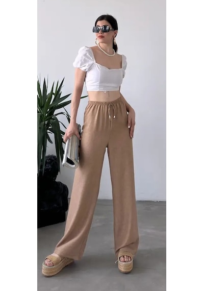 Blue Trend Kadın Düz Renk Keten Bel Lastikli Bol Paça Pantolon Bej