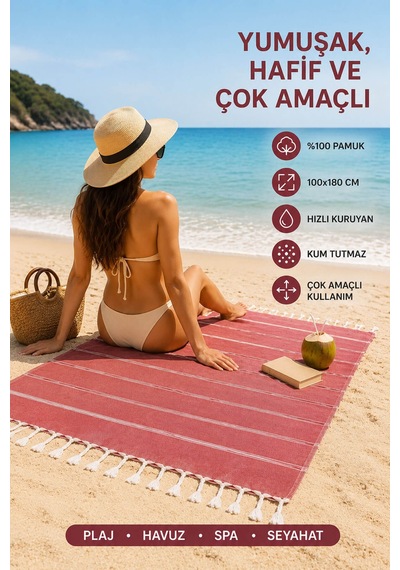 Sultan Peştemal Havlu 100 Pamuklu Deniz Plaj Banyo Peştemali 100x180 Cm Bordo