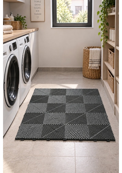 Porsima 0775 Antrasit Geçmeli Plastik Yer Karosu 4'lü Set Kaymaz Izgaralı Balkon, Banyo & Teras Zemin Karo 40x40 Cm