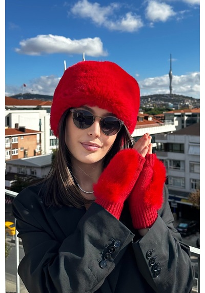 Mollycrush Kadın Kırmızı Kalpak Ve Eldiven Set Kırmızı
