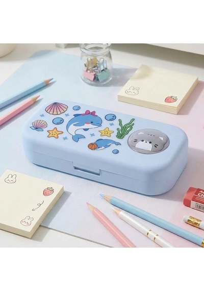 Sevimli Kawaii Figürlü Kalem Kutusu Çok Bölmeli Çift Katlı Büyük Kapasiteli Kalem Kutusu Sticker'lı Kalem Kutusu Sticker Yapıştırılabilir Kalemlik Sticker Kalemlik Mavi