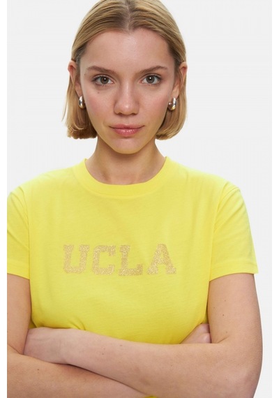 Isolde Açık Sarı Bisiklet Yaka Baskılı Standard Fit Kadın Tshirt Açık Sarı