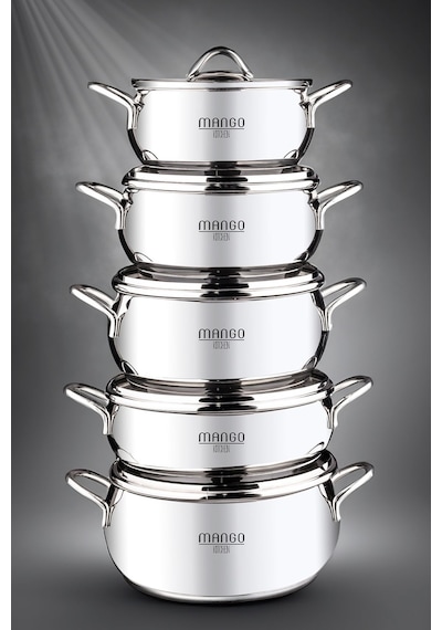 Mango Kitchen Dara Steel - 10 Parça Çelik Tencere Seti Paslanmaz Çelik Master Steel 18/10 Çelik Inox