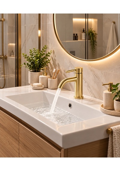 Alfas Lavabo Bataryası Mat Gold Fırçalı Altın 304 Paslanmaz Çelik Aç Kapa Banyo Bataryası Uzun Gaga
