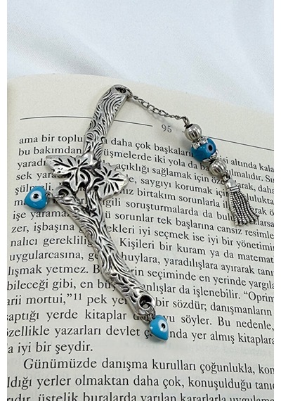 El Yapımı Cam Nazar Boncuğu Metal Yapraklı Dal Kitap Ayracı, Hedi