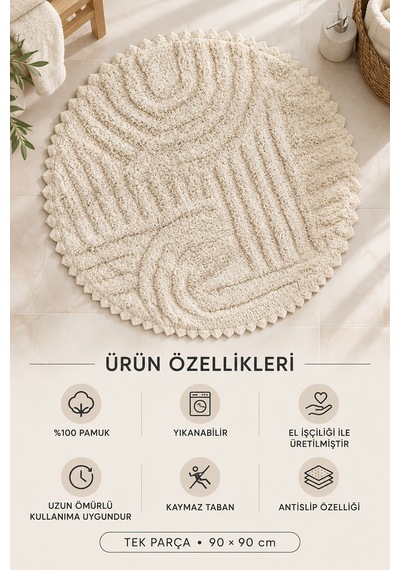 Alanur Bodrum Tufting Cotton Pamuklu El Işi Örgülü 90 X 90 Cm Paspas 113 Ekru