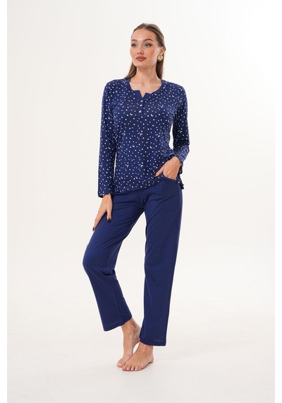 Çift Kaplan Kadın Pamuk Modal Yıldızlı Açık Patlı Lacivert Pijama Takımı 7005 Lacivert