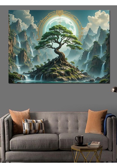 Dağlar Arasında Bonsai Ağacı Dekoratif Kanvas - Mdf Ahşap Tablo