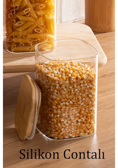 Porsima 6-3 Bambu Vakumlu Kapaklı Kare Borsilikat Cam 9lu Kavanoz Seti Saklama Kabı 1250ml 9,5x15cm Ahşap - Şeffaf