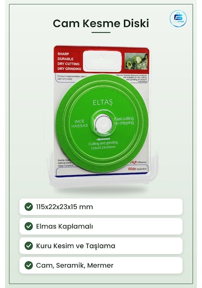 Cam Kesme Ve Taşlama Diski 115x22x23x15mm Elmas Kaplamalı Yaşıl İ