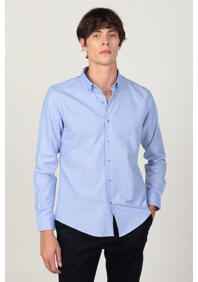 Tudors Slim Fit Uzun Kol Yaka Düğmeli Yaka İçi Biyeli Erkek Gömlek-26219 Mavi