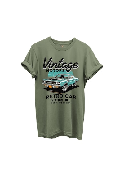 Vintage Motors Yazılı Retro Araba Baskılı %100 Pamuk Regular Fit Unisex T-shirt Haki