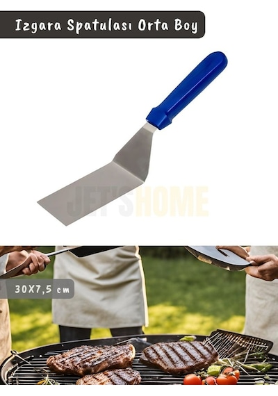 Barbekü Spatulası Paslanmaz Izgara Spatulası Çelik Hamburger Spatulası 30 Cm Metalik Gri