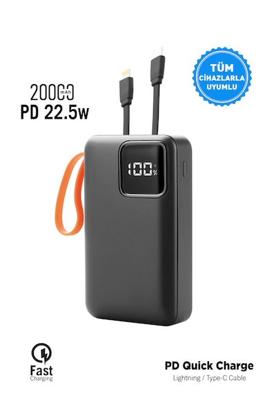 20.000 Mah Mini Kablolu Hızlı Powerbank 22w Pd Quick Fast Taşınabilir Şarj Cihazı Siyah