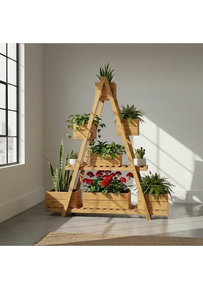 Wooddesign 150x150 Cm Doğal Ahşap A Formlu Çiçeklik Standı - 3 Katlı Büyük Boy Saksılık Turuncu