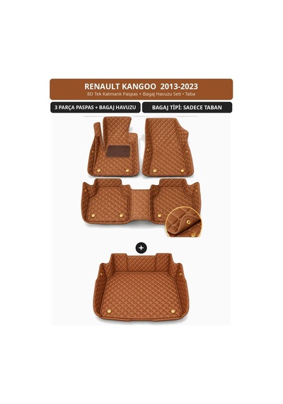Renault Kangoo 2013-2023 Uyumlu 8d Tek Katmanlı Paspas + Bagaj Havuzu Seti Taba