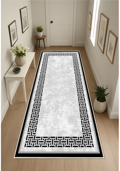 STY Home Siyah Dijital Baskı Salon Halısı Kaymaz Tabanlı Yıkanabilir Halı Yolluk 508 Siyah