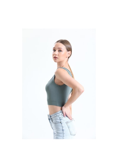 Thiff Gymwear Yeşil Fitilli Kare Yaka Esnek Örme Crop Büstiyer Atlet Haki