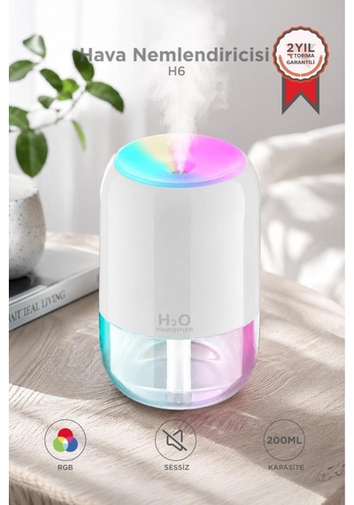 Hava Nemlendirici Buhar Makinesi Ve Aroma Difüzörü 200ml Ultrasonik Renkli H6 Beyaz