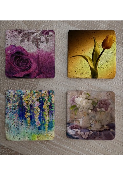 Lale Ve Çiçekler Doğal Taş Bardak Altlığı 4'lü Set - Natural Stone Coasters - Taş Çok Renkli