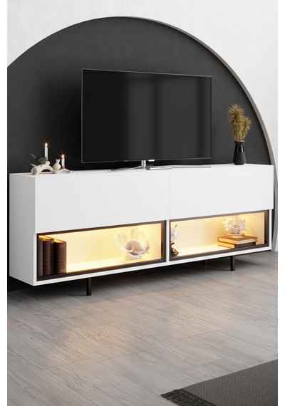 Ekol Siyah Demir Ayaklı Rgb Led Işık Sistemli Beyaz Tv Ünitesi Tv Sehpası M2 Beyaz - Siyah Ekol Siyah Demir Ayaklı Rgb Led Işık Sistemli Beyaz Tv Ünitesi Tv Sehpası M2 Beyaz - Siyah