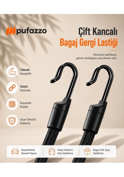 Pufazzo Kancalı Bagaj Gergi Lastiği - Paslanmaz Çelik Çift Kancalı, Motor Ve Bisiklet Sabitleme Lastiği - 3 Adet
