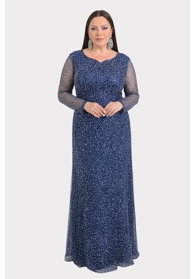 Lilas Xxl Kadın Büyük Beden Kalp Yaka Uzun Kollu Abiye Elbise 9471 Lacivert Lacivert