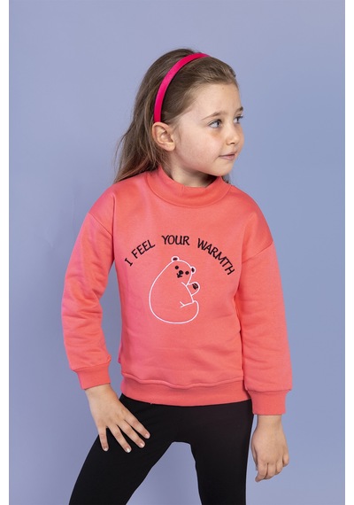 Toontoy Kız Çocuk Nakışlı Balıkçı Yaka Pamuklu Sweatshirt Nar Çiçeği