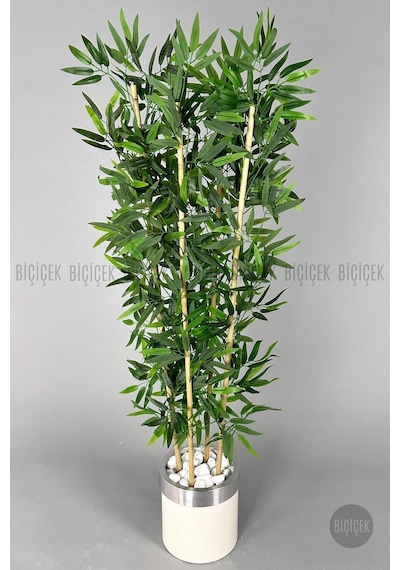 Yapay Bambu Ağacı 140cm Krem Gümüş Metal Saksıda Krem-silver