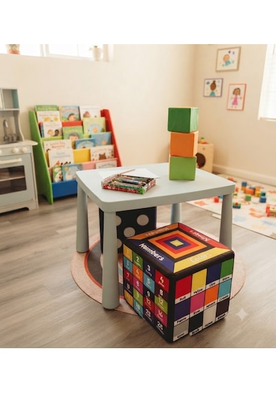 Missidea İngilizce Eğitici Küp Minder 33x33 Cm Çocuklar İçin İnteraktif Dil Gelişim Pufu Çok Renkli