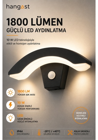 Sensörlü Yarım Ay Led Aplik 24w 1800 Lm 3200k Sıcak Beyaz Hareket Sensörlü Duvar Lambası Siyah