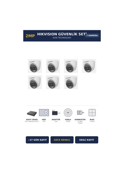 Hikvision 7 Kameralı 2mp Güvenlik Kamera Seti Colorvu Gece Renkli 2tb 27 Gün Kayıt Dome İç Mekan