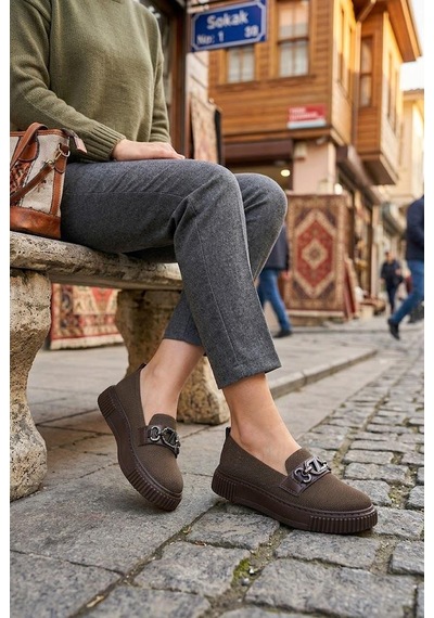 Fort Ventes 346417 Rahat Taş Toka Aksesuarlı Triko Loafer Kadın Ayakkabı Kahverengi