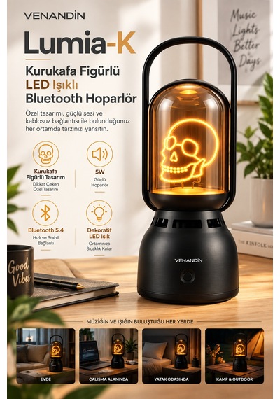 Venandin Z15-k Lumia-k Bluetooth Hoparlörlü Led Gece Lambası 5w, 1800k Sıcak Işık, 160 Lümen, Tws - Siyah