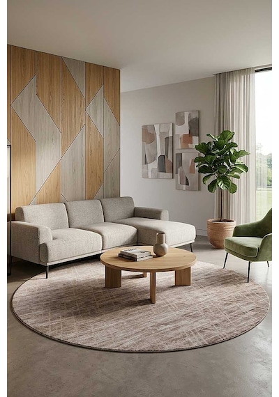 Geometrik Desenli Nar Yumuşak Dokulu Akrilik Yuvarlak Halı Nr02 Bej