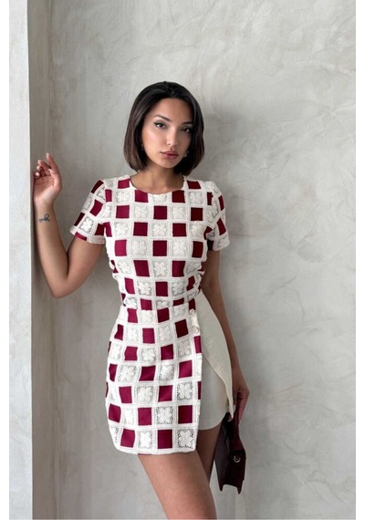 Verymoda Dantel Detaylı Kare Desen Şort Etek D2696 Taş Bordo