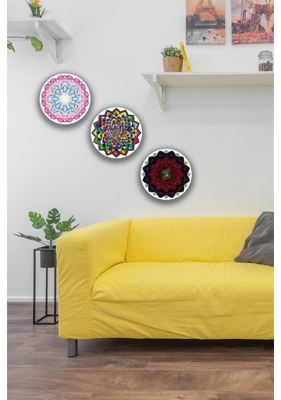 Mandala Desenli 3'lü Ahşap Tablo Modeli, Ev, Oturma Odası, Salon, Ofis Şık Duvar Dekorasyonu