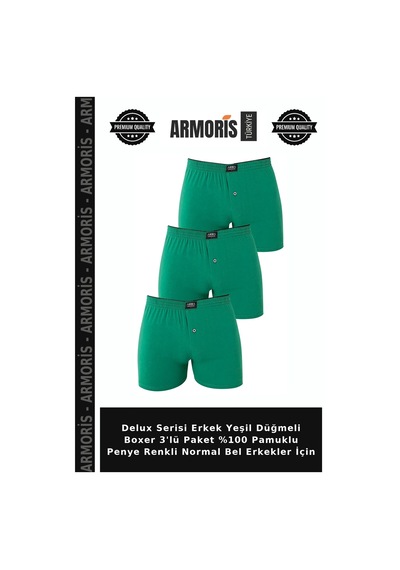 Armoris Delux Serisi Erkek Yeşil Düğmeli Boxer 3'lü Paket %100 Pamuklu Penye Renkli Normal Bel Erkekler İçin