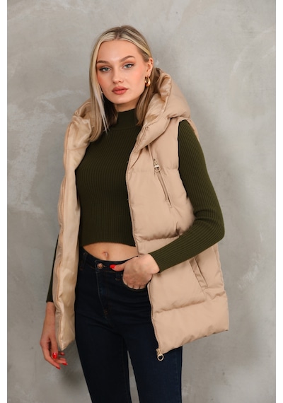 Luyafashion Kadın Kapüşonlu Şişme Yelek Boyfriend Krem Krem