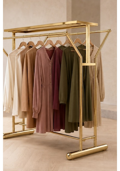Elbise Askı Stand Gold Renk Kaplama Çift Yönlü Butik Orta Standı Ve Askısı Altın