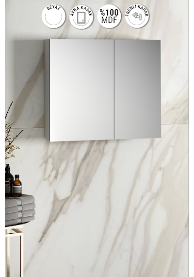 Çiğdem 80 Cm Beyaz Mdf Aynalı Asma Banyo Üst Dolabı Beyaz