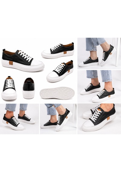 N Napa Shoe Np.8260.siyah Deri Sneaker Napa Shoe Kadın Hakiki Deri Comfort Sneaker Siyah/beyaz