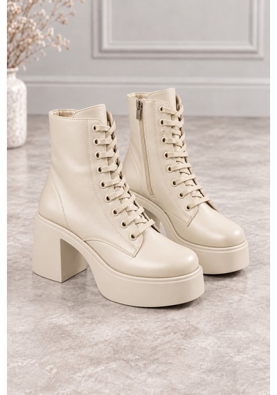 Dabab Shoes Melvıan Kadın Bej Cilt Bağcıklı Fermuarlı İçi Kürklü 8 Cm Kalın Topuklu 3 Cm Platform Bot Bootie