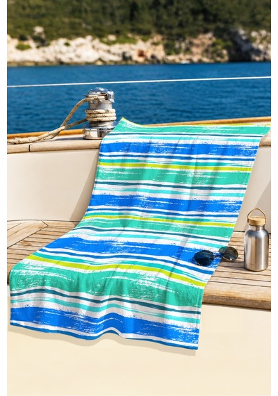 Çizgili Marine Modern Plaj Havlusu - Mavi Turkuaz Akdeniz Stil Hızlı Kuruyan Mikrofiber Havlu Kuru Esinti