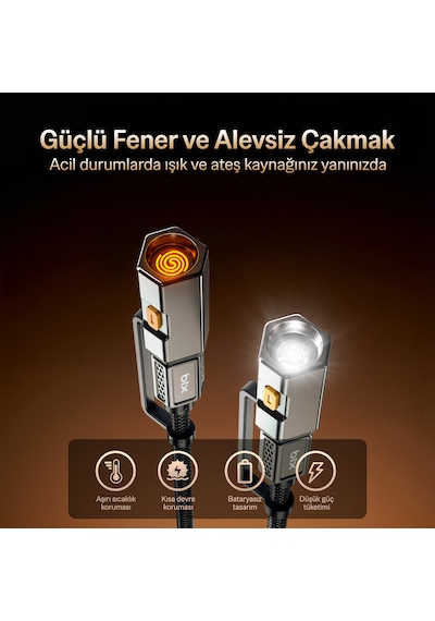 Bix T2ın1c 240w Led Fener Ve Alevsiz Çakmak Fonksiyonlu Type-c To Type-c Şarj Data Kablosu 1.2 Metre Siyah