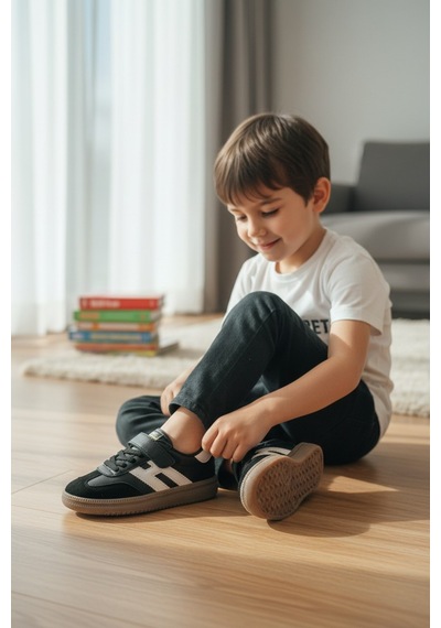 Enoch "h" Harfi Detaylı Cırt Cırtlı Kauçuk Tabanlı Çocuk Sneaker SİYAH-BEYAZ