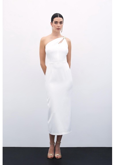 Sateen Aksesuar Detaylı Elbise - Ekru-135810 Ekru