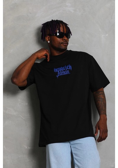Barlashive Erkek Baskılı Tişört Kısa Kol Bisiklet Yaka Oversize T-shirt - - Siyah Çok Renkli