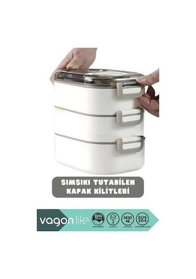 1450ml Lunchbox Üç Katlı 5 Bölmeli Ve Mini Sosluklu Çelik Sefer Tası Yemek Kutusu Lacivert Açık