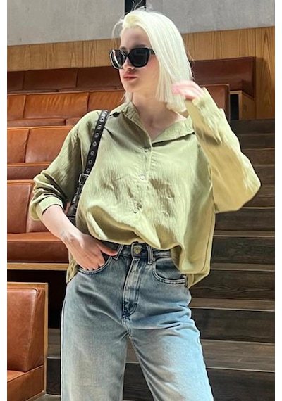 Madmext Haki Uzun Kollu Çizgili Oversize Gömlek Mg2080-haki Haki
